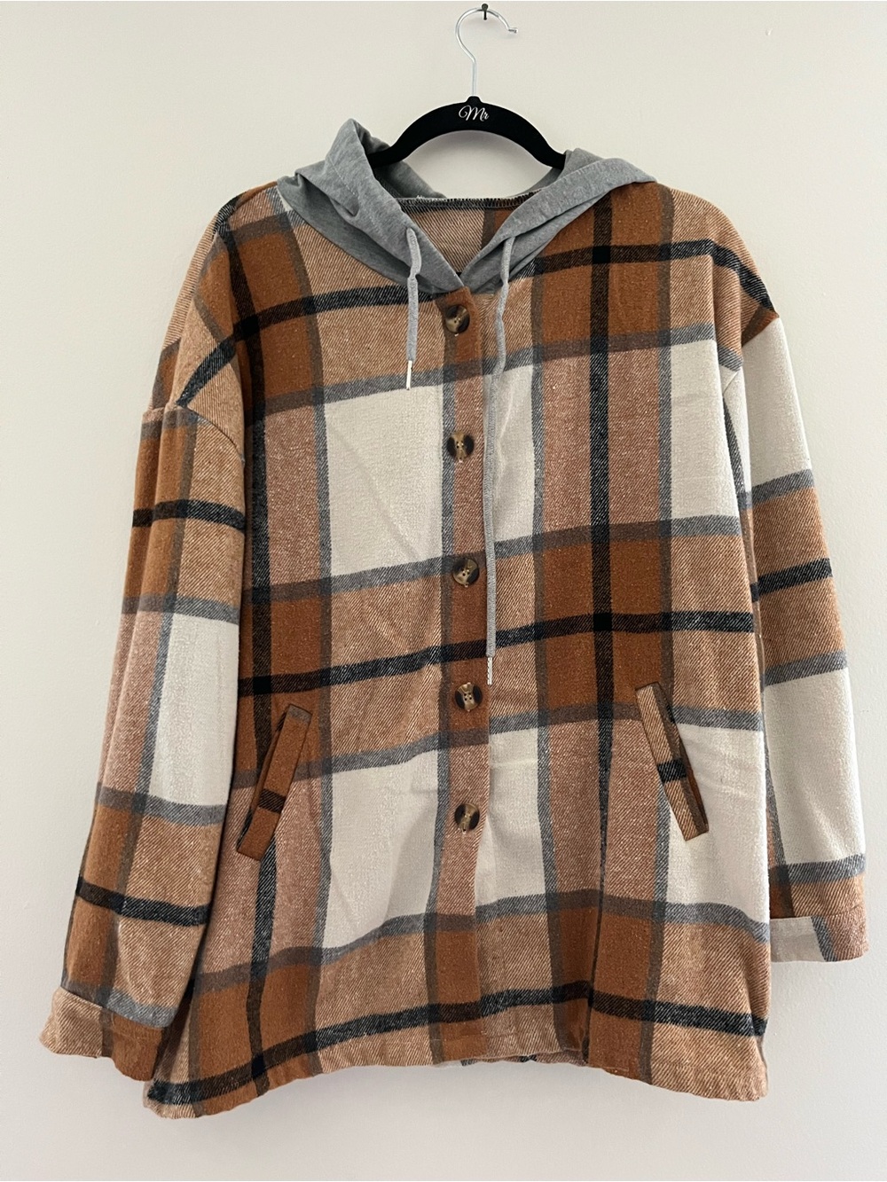 Plaid Hooded Button-Front Jacket in Brown & Cream